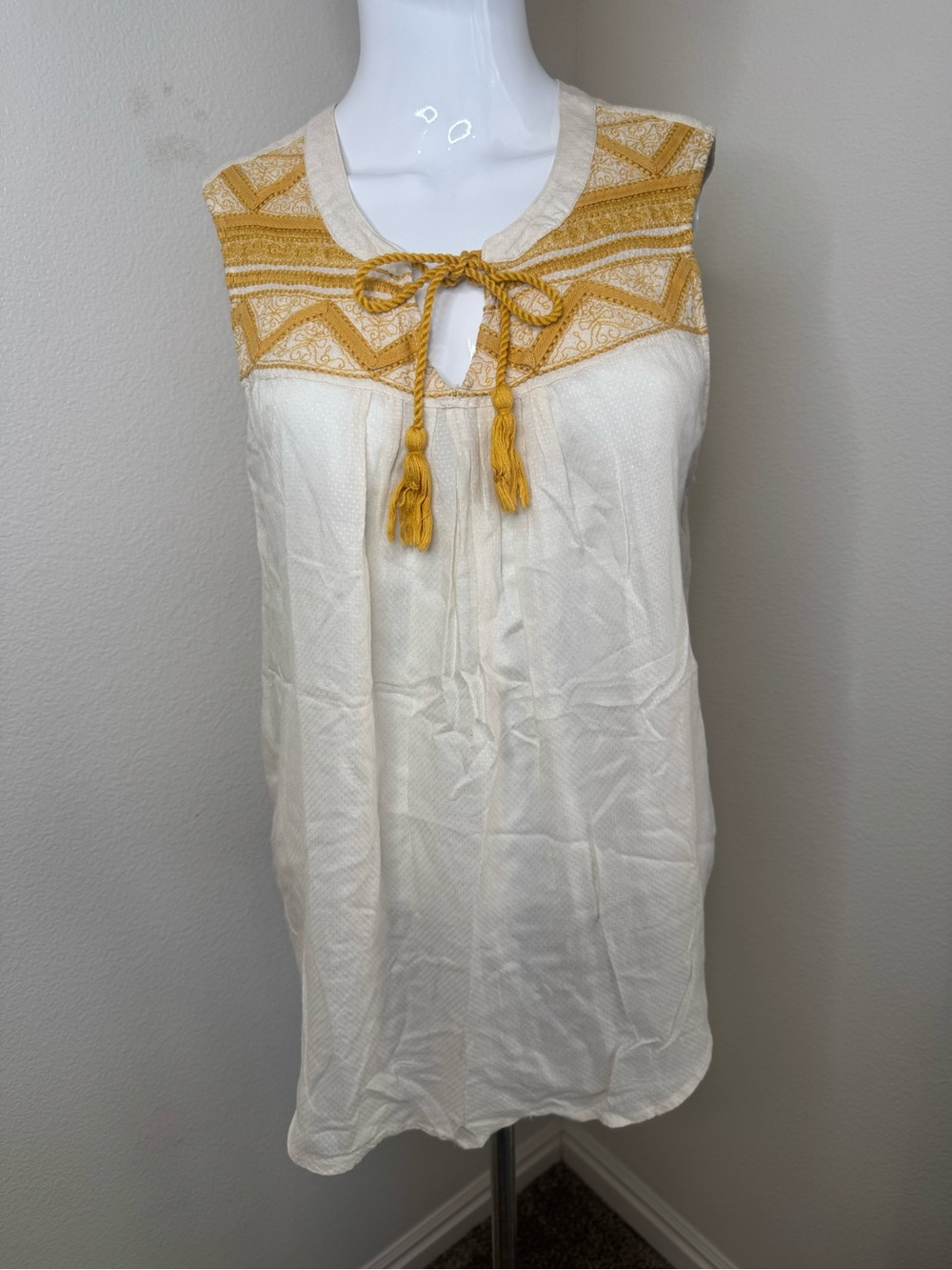 Lucky Brand Cream Sleeveless Tunic with Mustard Embroidery - Picture 1 of 5
